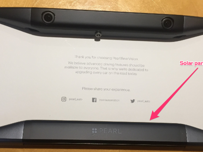 One of the nicest touches on the Pearl RearVision is that it’s solar-powered. A set of solar panels run along the bottom edge of the license plate holder, so the part you install on your car shouldn’t need any extra power. But if it does run out of juice, there’s a built-in USB cord too.