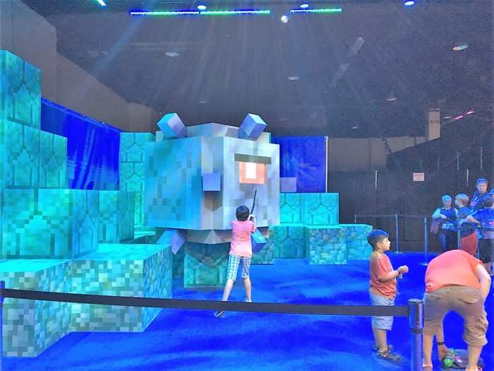 There were plenty of photo opps for kids to take photos with the flora and fauna of the Minecraft world, like this Elder Guardian, which is coming to the iPhone and Android versions of Minecraft later in October.