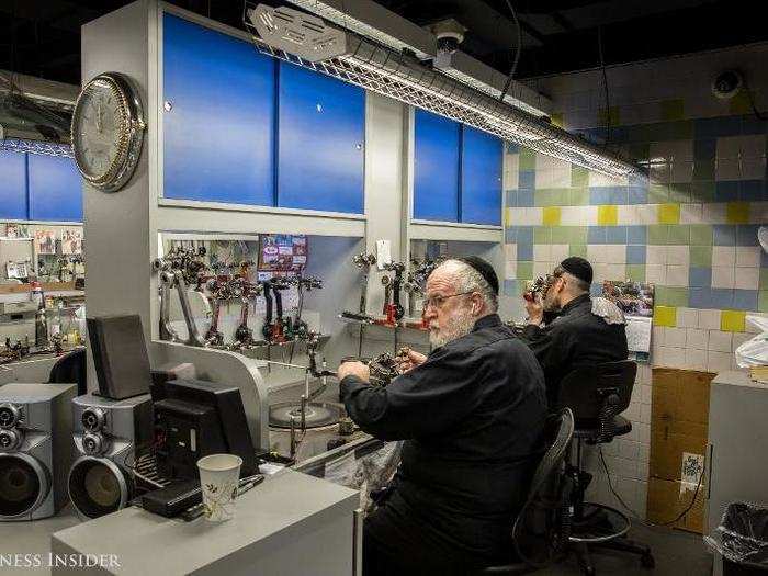 Next, the cut diamonds go a work station. Here, a craftsman who specializes in specific diamond cuts works with the stone to create a masterpiece.