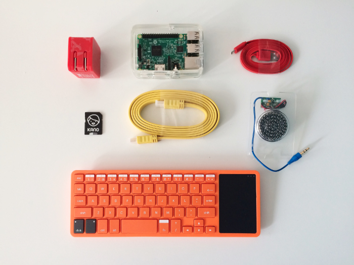 Here are all the pieces from the computer kit. Each kit comes with a Raspberry Pi, which as Kano says "acts as the computer