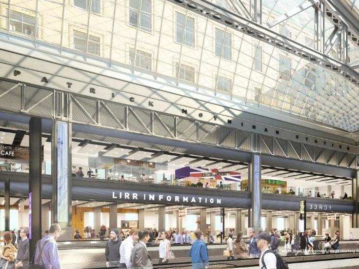 A dramatic skylight harkens back to the old Penn Station, which was demolished and rebuilt in the 1960s.