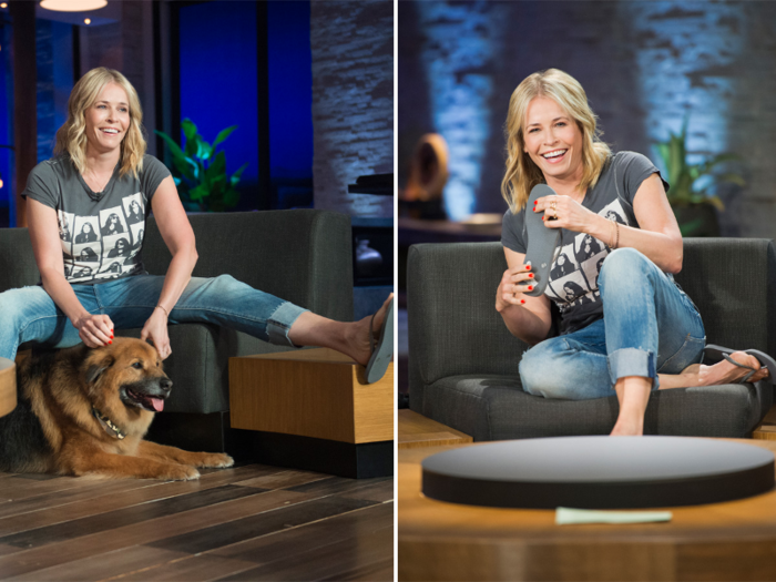 12:33 p.m. PT: Handler rehearses for the show, though she gets pre-occupied with her dog, Chunk. But Handler has to get back to work.