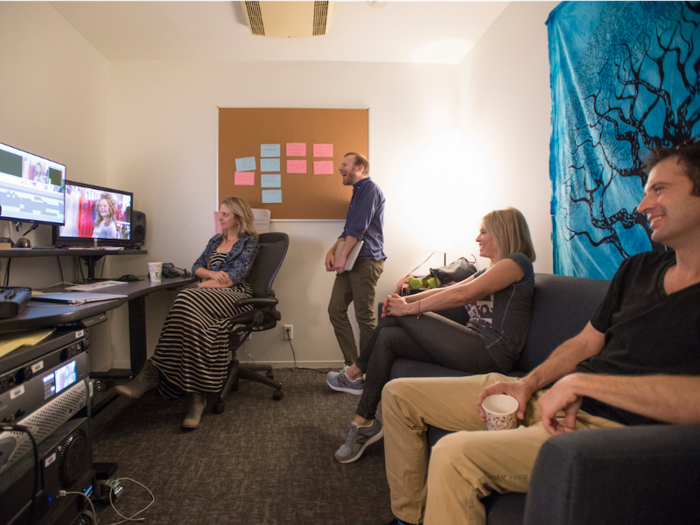 10:45 a.m. PT: Handler supervises the editing of a field piece (segments shot outside the studio) for the show with, from left, Karin Hoving, Dan Maurio, and Blake Webster​.