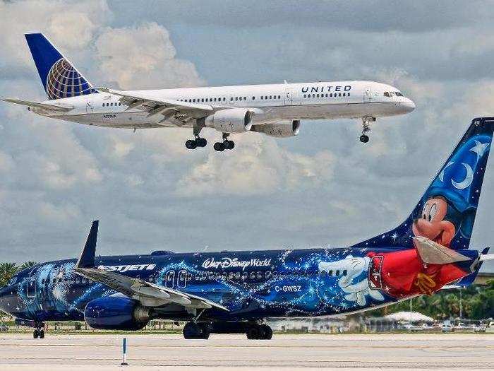 5. WestJet: In 2013, Canadian low-cost carrier WestJet painted one of its Boeing 737-800 jets with a Disney-themed paint job featuring Sorcerer Mickey on the plane