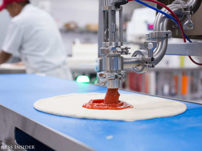 The first stop on the conveyor belt is one of the sauce dispensers, named Jojo and Pepe. They release different amounts of sauce depending on the customer