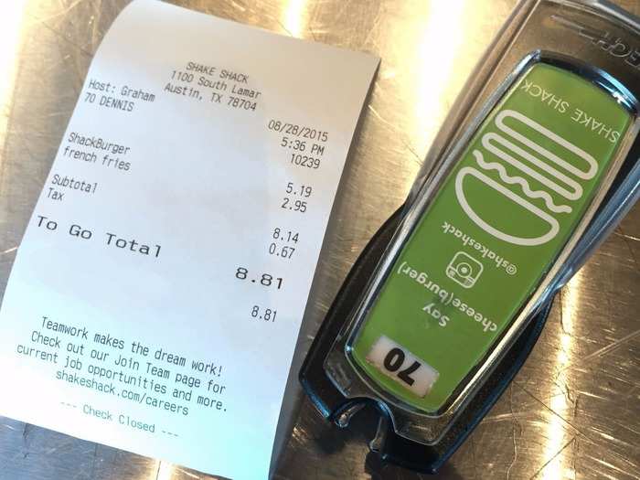 The total came to $8.81 — a bit pricey for Texas fast food, but this is Shake Shack. I sat down with my buzzer and waited.