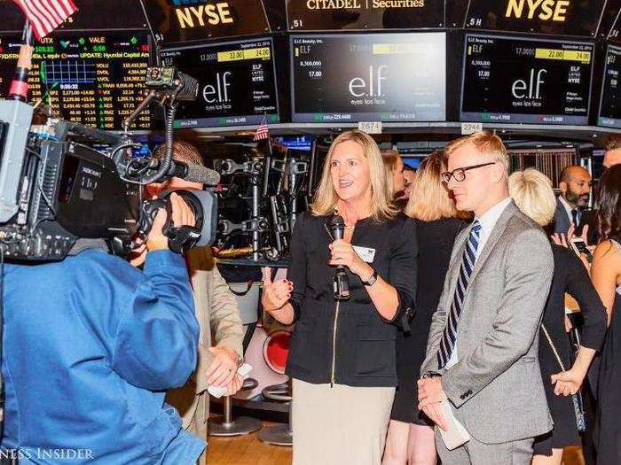 Carolyn jumps on camera to explain the price-discovery process to e.l.f. employees.