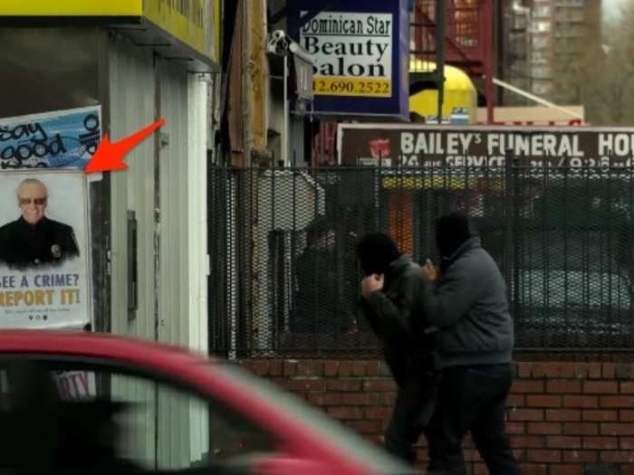 And of course he appears in "Luke Cage" (2016). When Luke spots a robbery in progress, you can spot the same photo of Stan Lee on a poster saying, "See a crime? Report it!"