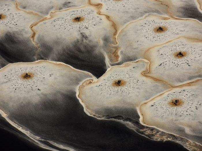 This image was shot from a plane at 1,500 feet. It shows waste from a paper mill being agitated​ by aerators, producing steam and foam, which are pushed by the wind.