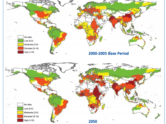 Another major problem is water quality, which is projected to deteriorate significantly due to chemical pollutants. The map below shows how much water quality risk will increase by 2050.