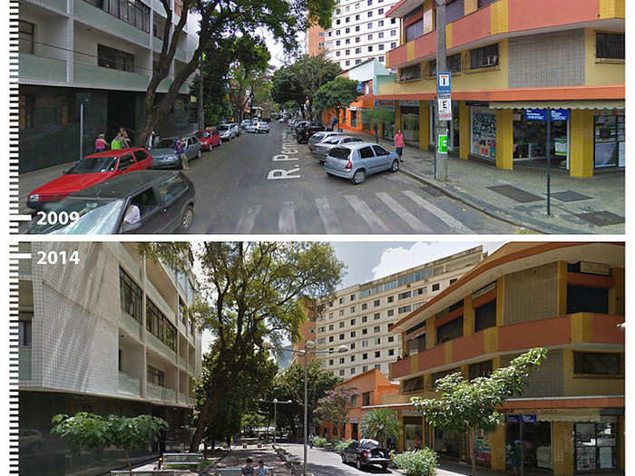 A bustling street in Belo Horizonte, Brazil, turns into a tranquil walkway.