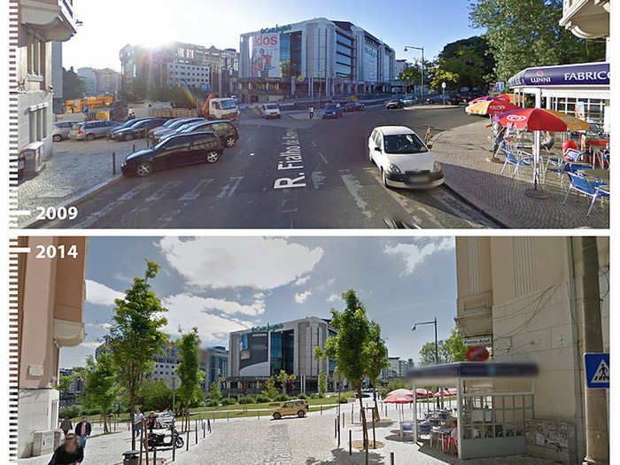 Not far away in Lisbon, Portgual, pedestrians and motorists seem to share the space, instead of competing for it.