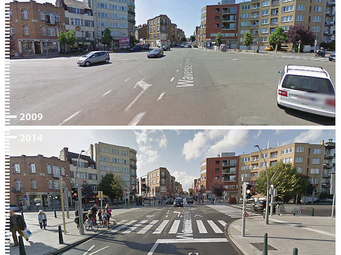 A main artery in Brussels, Belgium, gets a bike lane for safety.