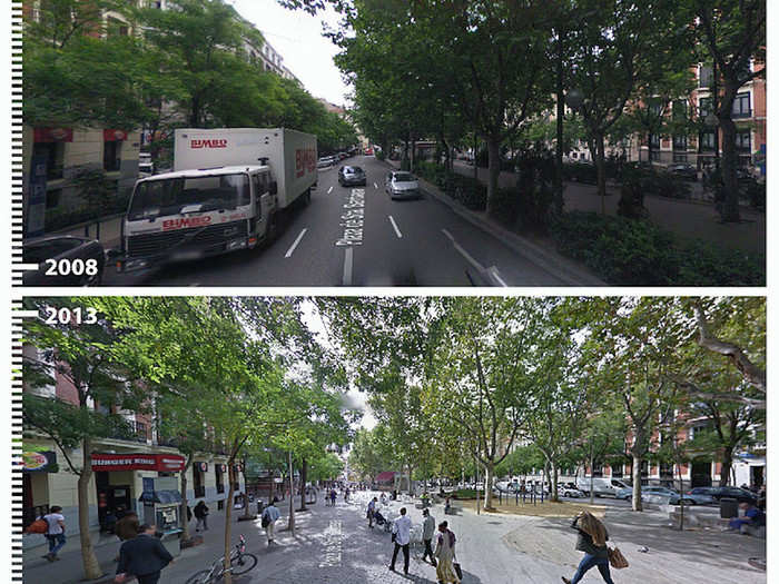 Across town in Madrid, a public space gets the cobblestone treatment.