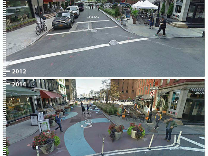 Designers can get creative with pavement, too. A semi-circle pattern spruces up a public space in Lower Manhattan.