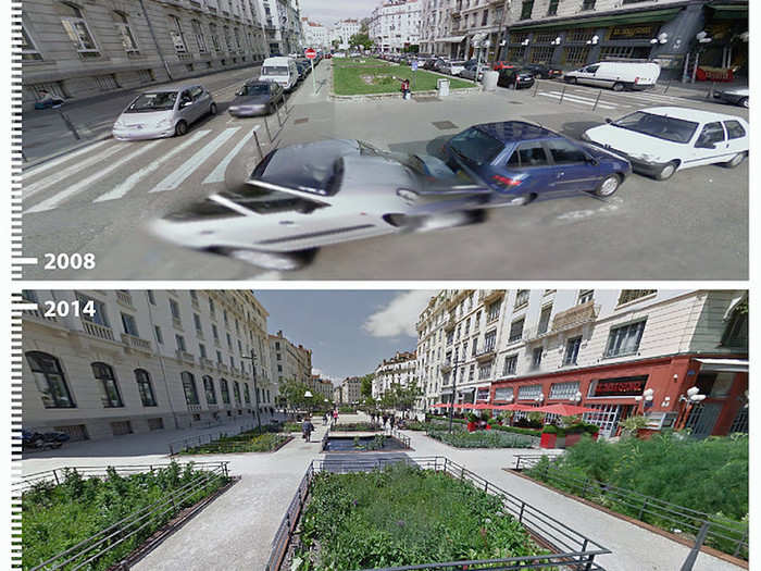 Pedestrians can enjoy the shrubbery in Lyon, France, too.