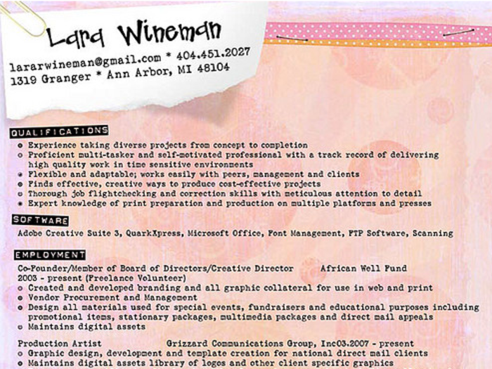 Lara Wineman applied for a job in the scrapbooking business, and wanted to present a résumé that matched