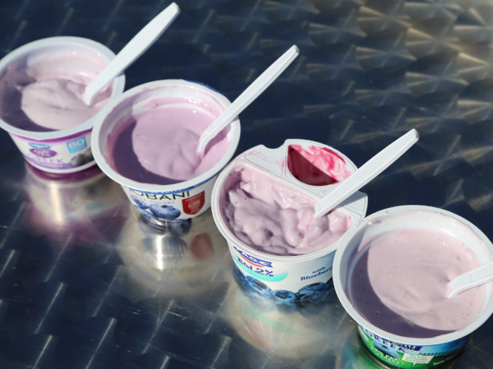 Upon mixing, the yogurts all turned a similar shade of pink / light purple.