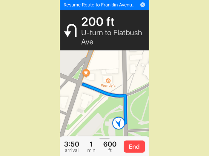 When driving, you can also bring up directions to nearby coffee, gas, and food stops. (With the same hard-to-miss buttons.) Pick one, and Maps will give you a route to that detour without cancelling your “master” route. When you’re done with your pit stop, you just resume from where you are. It