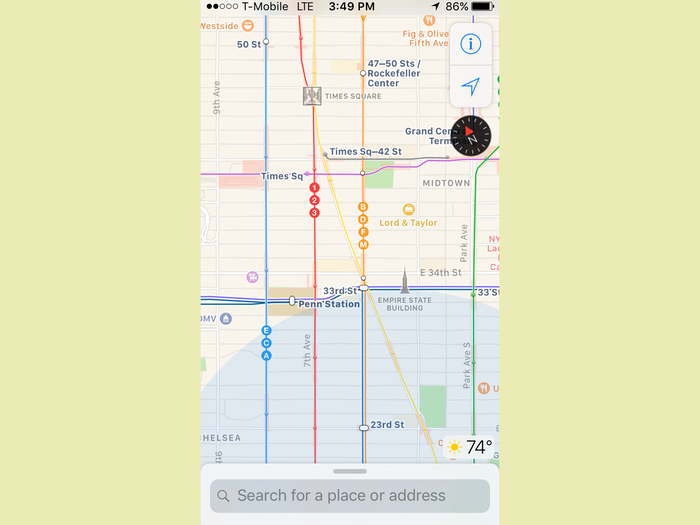 Transit as a whole is fine. It takes two taps to set the map to transit mode, which displays each line onscreen. When you zoom on a particular subway station, all its entrance points become highlighted. The actual directions are accurate, and if you want to arrive somewhere by a set time, it’ll recommend a specific route along with an optimal time to leave.