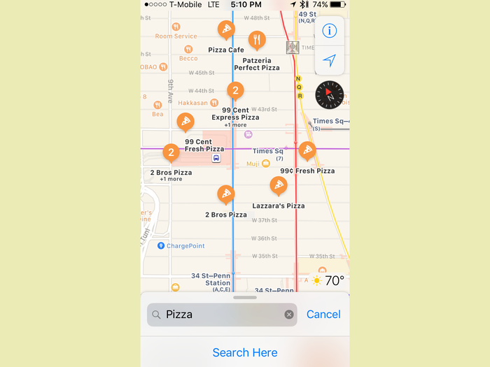Alternatively, I could just search for "movie theaters” (or “parks,” or “drug stores,” or “laundromats,” or what have you) and things will pop up the same way. You can also search by specific brands — e.g., “Starbucks,” instead of just “coffee shops.” Point being, the app makes it easy to discover new places. It gives you plenty of options, and looks clean while doing so.