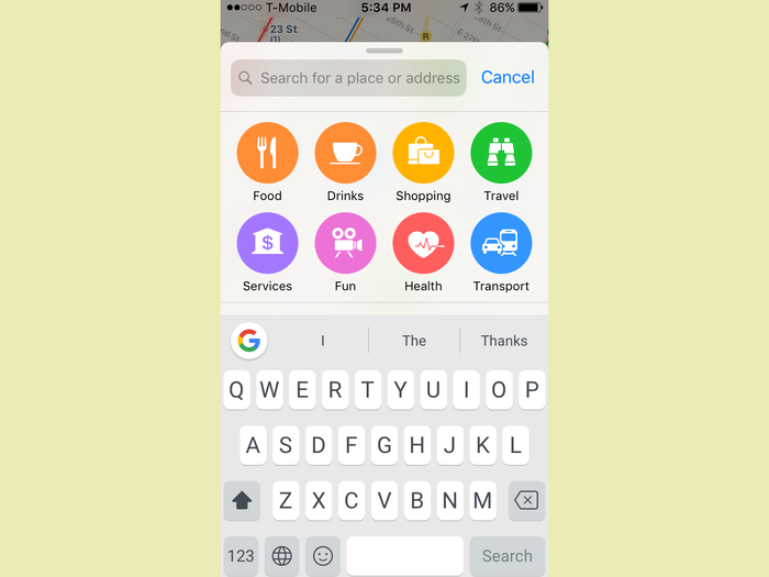 You see those easily visible, easily pressable icons in search, too. The second you tap on the text entry box, you get this octet of location types. Press one, and you get subcategories within that.
