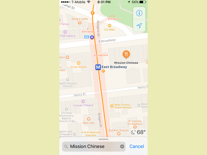 Those thoughtful little touches are all over the place. When you scroll to different locations, the little weather icon in the bottom right corner changes to reflect that area. When you’re setting up a long drive, you’ll see all the tolls along the way. A distance scale pops up whenever you zoom in. There’s a compass. The big, green “GO” button you tap to start the turn-by-turn navigation mode is impossible to miss. And so on.