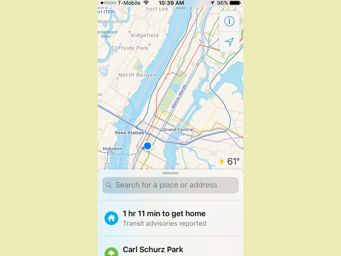 That search is useful. After I gave the app my home address, for example, it’d list that as my top search suggestion anytime I was out of the house. It shows expected arrival time and traffic delays, too. With two taps, I can get turn-by-turn directions home — i.e., the place I’m most frequently going.