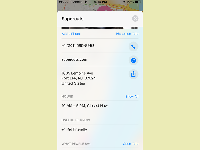 In almost any case, you’ll find basic contact info, photos, and shortcuts for adding a place to your contact lists. (You