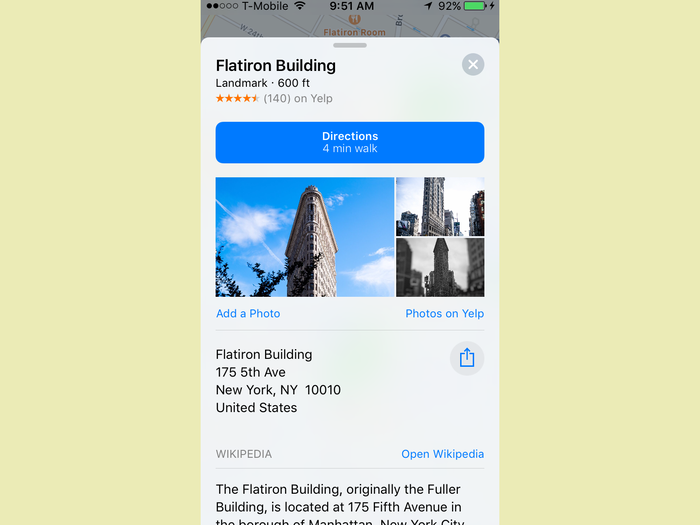 Or, if you click on a landmark like Manhattan’s Flatiron Building, some background info from Wikipedia...