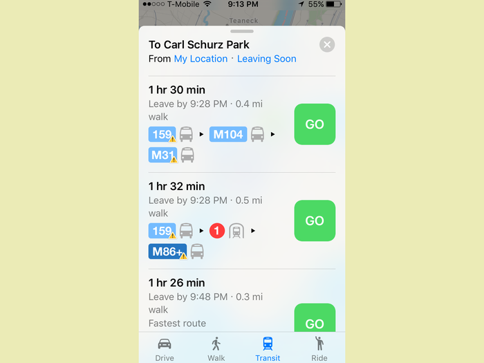 Apple Maps’ design is smart. At almost any given time, you see all the essential mapping info, with the search bar in a swipeable card just below it. If you need to dig deeper, you just swipe that card up. This’ll change based on what you’re looking into. It could be something as simple as alternate routes…