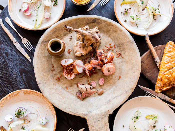 Paradise Garage in Bethnal Green specialises in seasonal ingredients and picnic food. Individual main courses cost up to £19.50, but this platter of rabbit — which can be shared between four — is a bargain at £48 for the whole table.