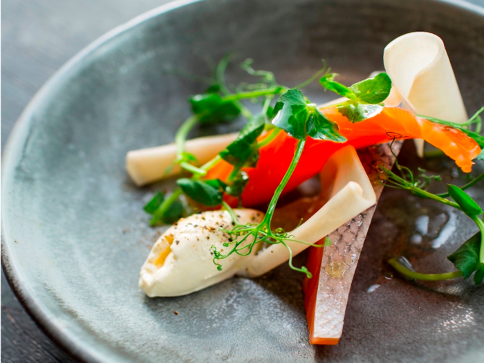 Upstairs, the affordable sister restaurant to Trinity in Clapham, offers good value modern European cuisine. The selection of small plates on offer are designed to share, like this salmon and creme fraiche dish which costs £8.