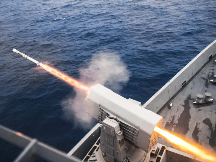 The amphibious transport dock ship USS Green Bay launches a rolling airframe missile for a live-fire exercise during Valiant Shield 2016.