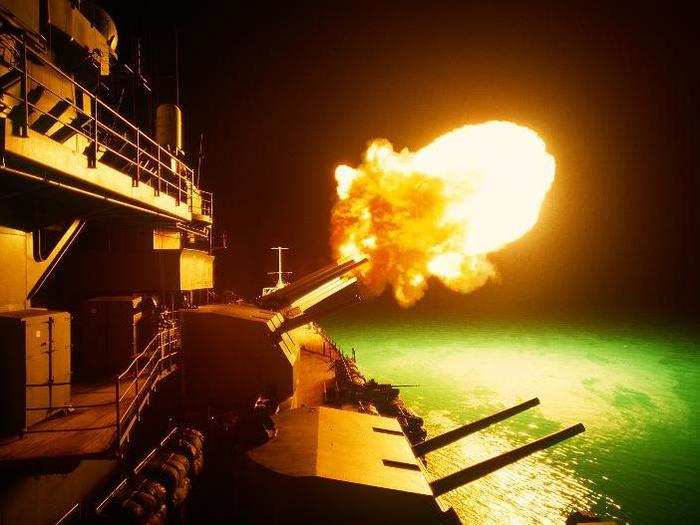 Operation Desert Storm, the US-led mission to liberate Kuwait from Iraq, deployed 14 destroyers and 2 battleships. In 1991, the battleship USS Missouri fires at Iraqi targets stationed along the Kuwaiti coast.