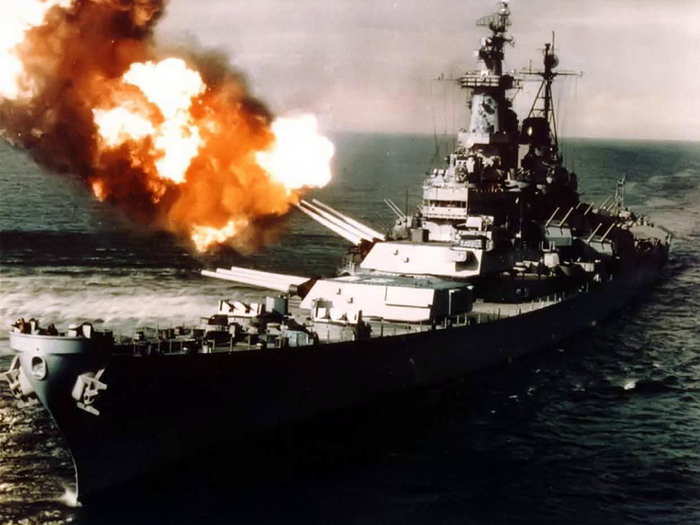 Only five years after WWII, America was fighting another war, this time in Korea. This 1950 photo shows the USS Missouri bombarding Korea