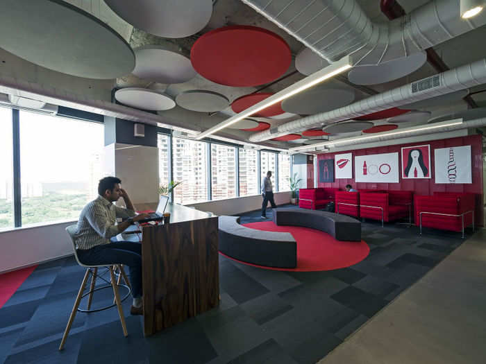 Red and white dominate the office space