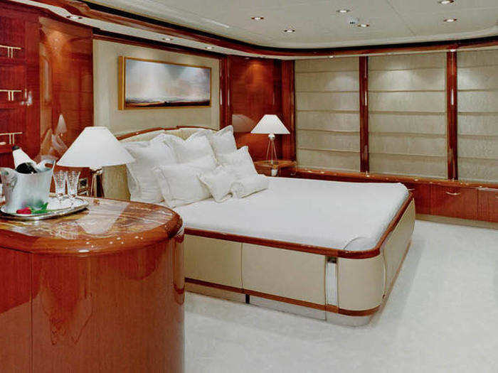 The master suite takes up the entire width of the main deck and has a walk-in closet.