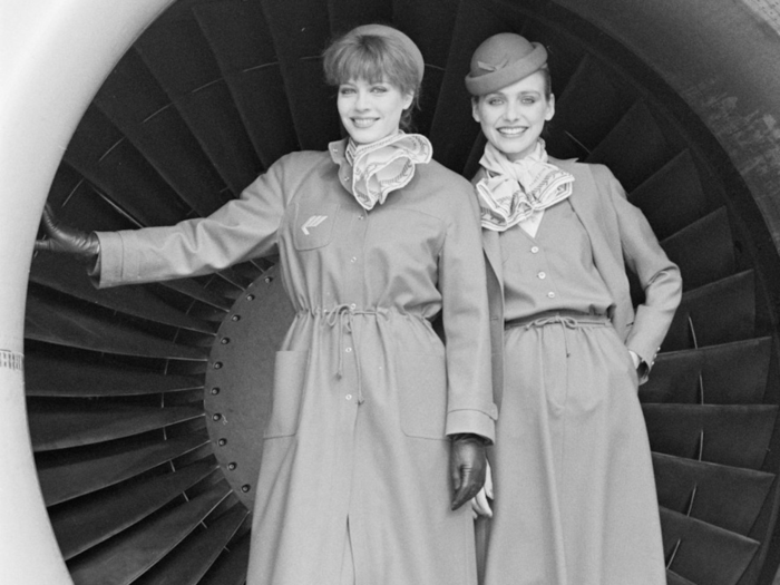 Dutch airline Martinair stewardesses model new uniforms in 1982.