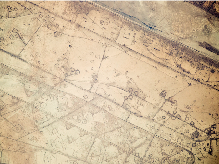 This International Space Station photograph displays the Iraqi fortifications that remain from the Iran-Iraq War. The diagonal line in the upper right shows the border between Iran (on the top) and Iraq (on the bottom).