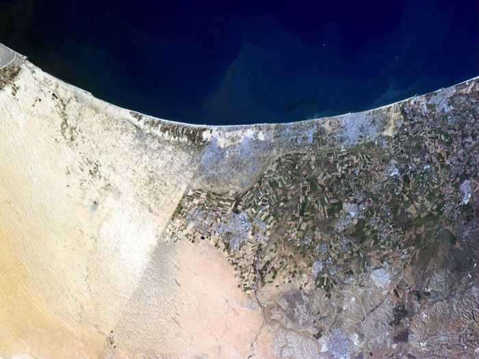 This photo of the border between Israel and Egypt was taken by the International Space Station. The border is said to be one of the few that is so visible from space.