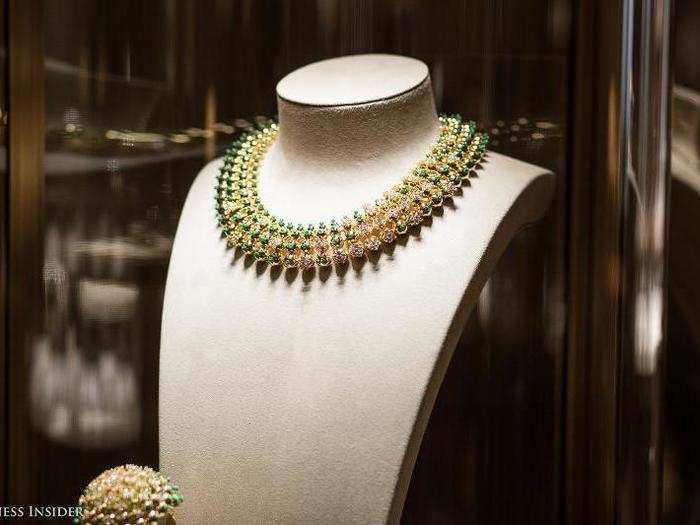 This prickly but elegant necklace is made from 18K yellow gold and emeralds, and set with 204 brilliant-cut diamonds. Like many of Cartier