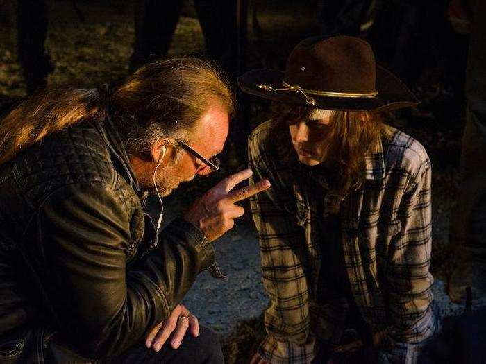 Nicotero can be seen prepping with a lot of the actors before shooting. Here is with Carl (Chandler Riggs) who ends up having a big moment with Negan (Jeffrey Dean Morgan) in the premiere.