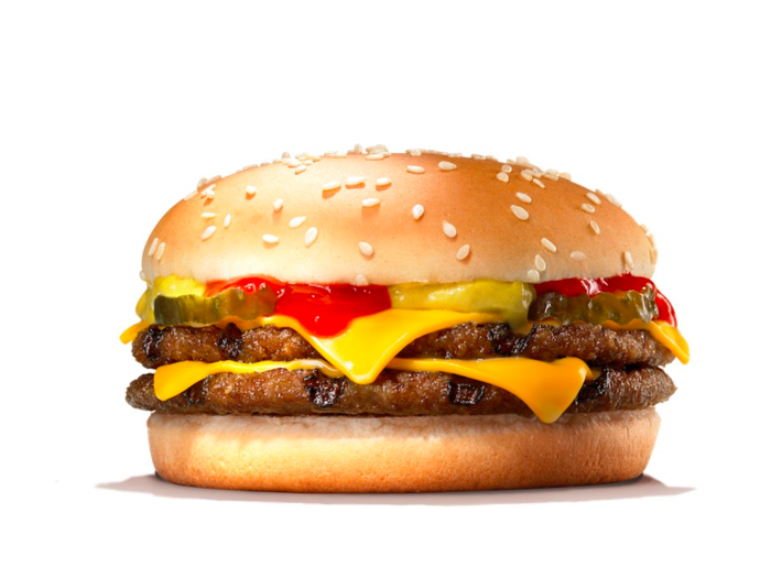 The Burger King Double Cheeseburger promises two flame-grilled patties topped with American cheese, pickles, mustard and ketchup on a toasted sesame seed bun...