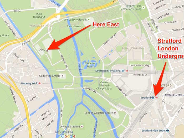 Here East (originally called iCity) is a short walk from several train stations including Hackney Wick, Stratford International, and Stratford Underground.