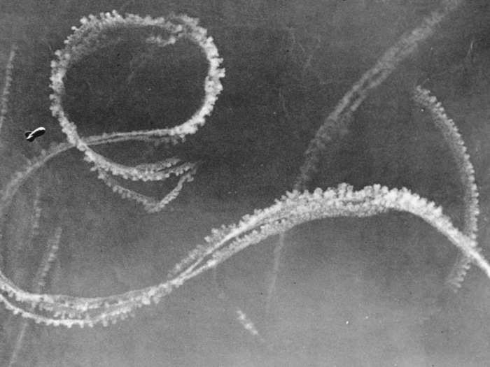 The condensation trails from German and British fighter planes engaged in an aerial battle are seen in the sky over Kent, along the southeastern coast of England, on September 3, 1940, during World War II.