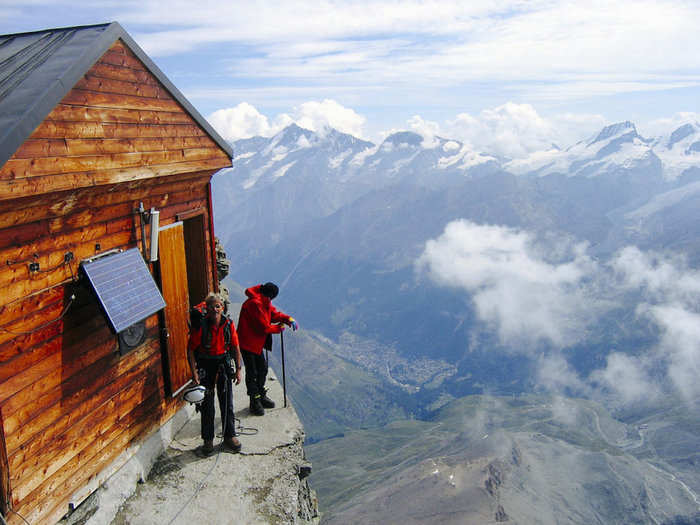 Perhaps the highest-altitude house is the Solvay Hut, located more than 13,000 feet up the face of the Matterhorn in Zermatt, Switzerland. It contains 10 beds to give weary hikers a rest.