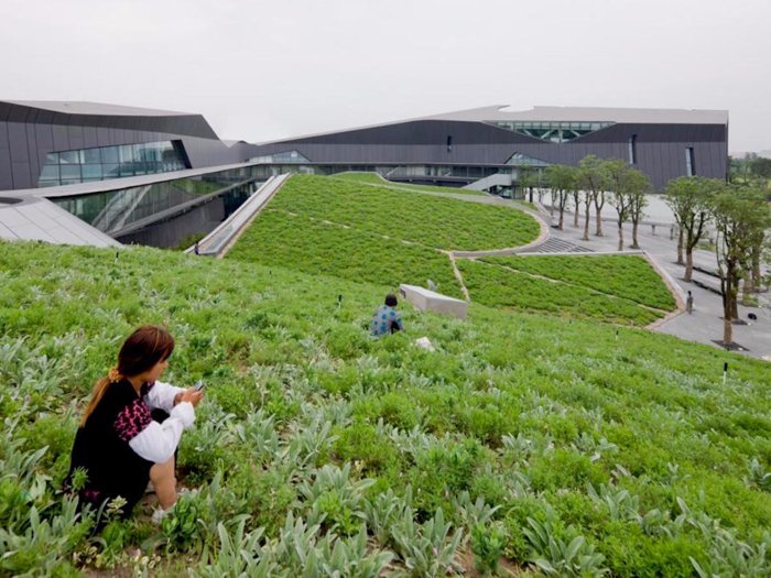 The headquarters for Shanghai gaming company Giant Interactive Group look torn from a video game. The colossal structure works with the environment, instead of fighting it.