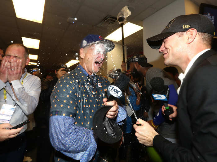 Later, Bill Murray would get a face full of champagne from Theo Epstein.