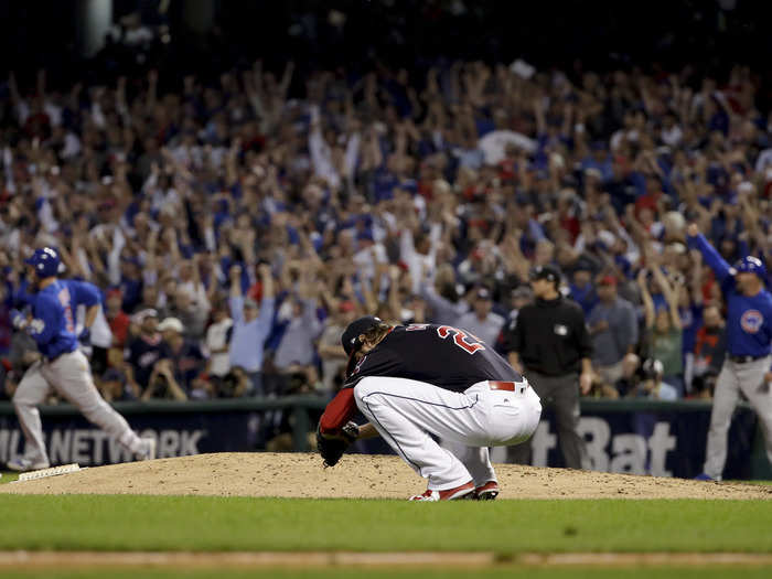 Andrew Miller collapses after giving up a home run to David Ross.